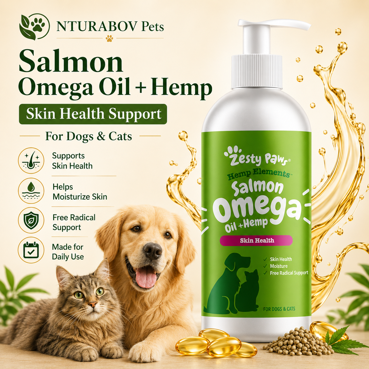 Salmon Omega Oil + Hemp for Dogs and Cats — Wild Alaskan Salmon & Hemp Seed Oil Blend (32 Fl Oz
