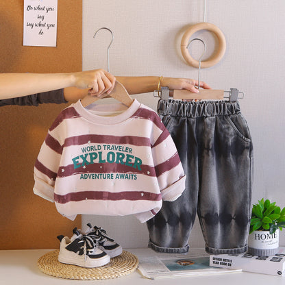 Spring and Autumn striped letter round neck long sleeved two-piece set