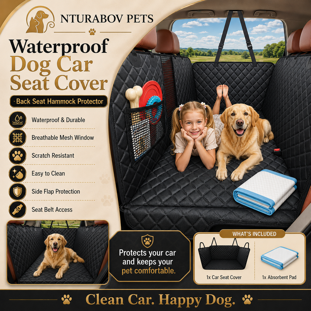 Dog Car Seat Cover for Pets - Textured Black (Size: Standard - 54" Length)
