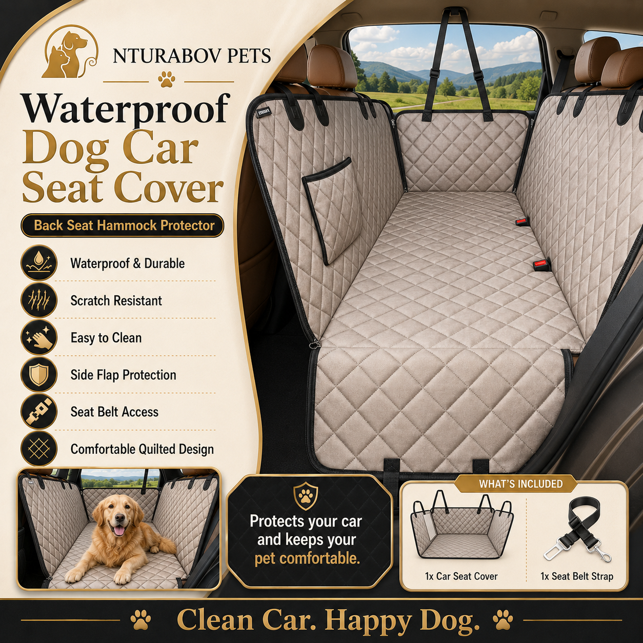 Dog Car Seat Cover for Pets - Khaki (Size: Standard - 54" Length)