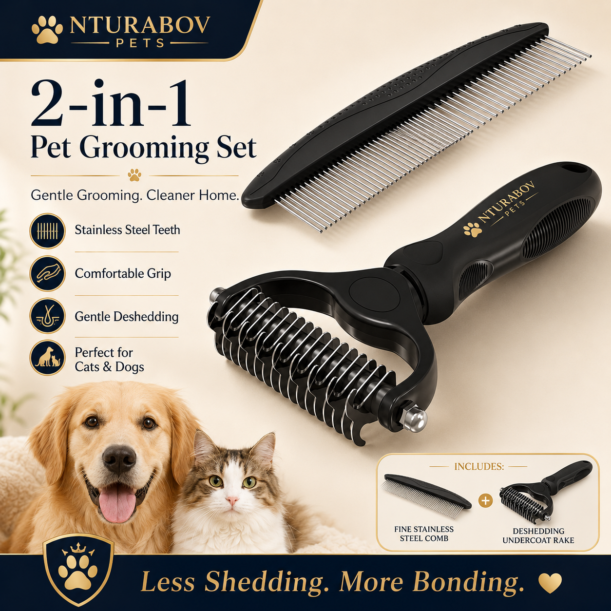 Pet Grooming Combo – Black Deshedding Brush & Metal Comb for Long & Medium Hair