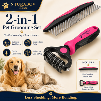 Pet Grooming Combo – Pink Deshedding Brush & Metal Comb for Long & Medium Hair