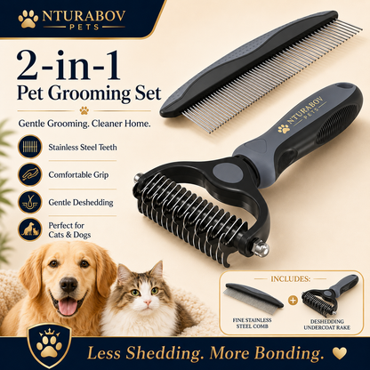Pet Grooming Combo – Gray Deshedding Brush & Metal Comb for Long & Medium Hair