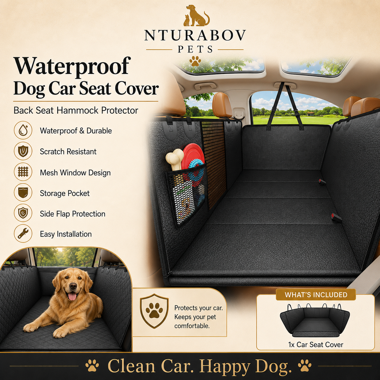 Dog Car Seat Cover for Pets - Black (Size: Standard - 54" Length)