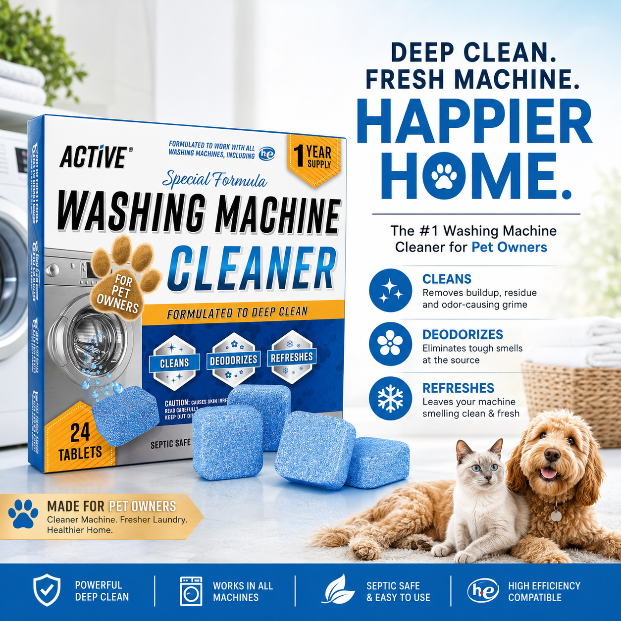 Washing Machine Cleaner Tablets for Pet Owners – 24 Count