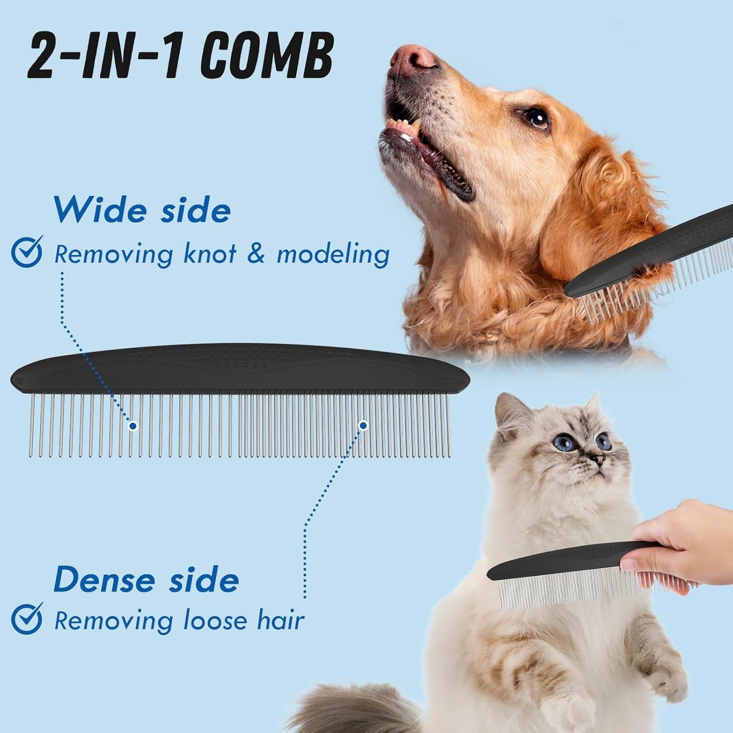 Pet Grooming Combo – Black Deshedding Brush & Metal Comb for Long & Medium Hair