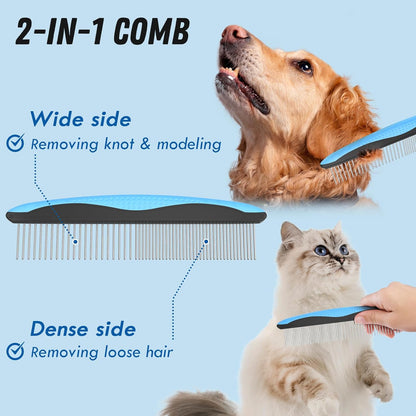 Pet Grooming Combo – Blue Deshedding Brush & Metal Comb for Long & Medium Hair