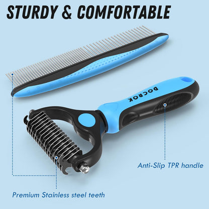 Pet Grooming Combo – Blue Deshedding Brush & Metal Comb for Long & Medium Hair