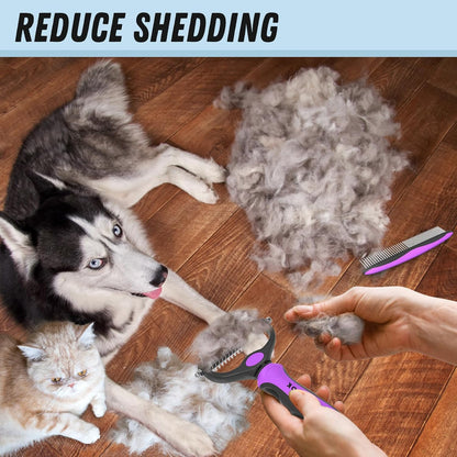 Pet Grooming Combo – Purple Deshedding Brush & Metal Comb for Long & Medium Hair