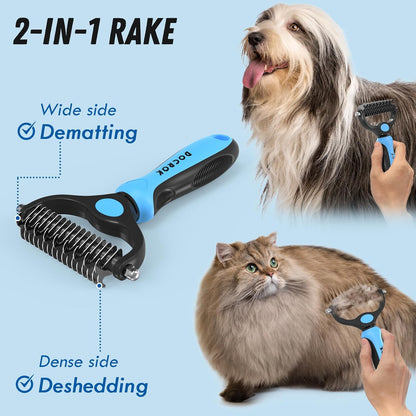 Pet Grooming Combo – Blue Deshedding Brush & Metal Comb for Long & Medium Hair