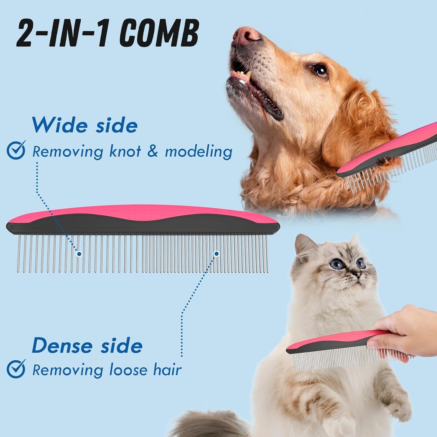 Pet Grooming Combo – Pink Deshedding Brush & Metal Comb for Long & Medium Hair