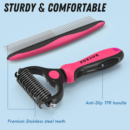 Pet Grooming Combo – Pink Deshedding Brush & Metal Comb for Long & Medium Hair