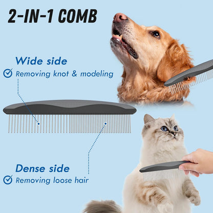 Pet Grooming Combo – Gray Deshedding Brush & Metal Comb for Long & Medium Hair