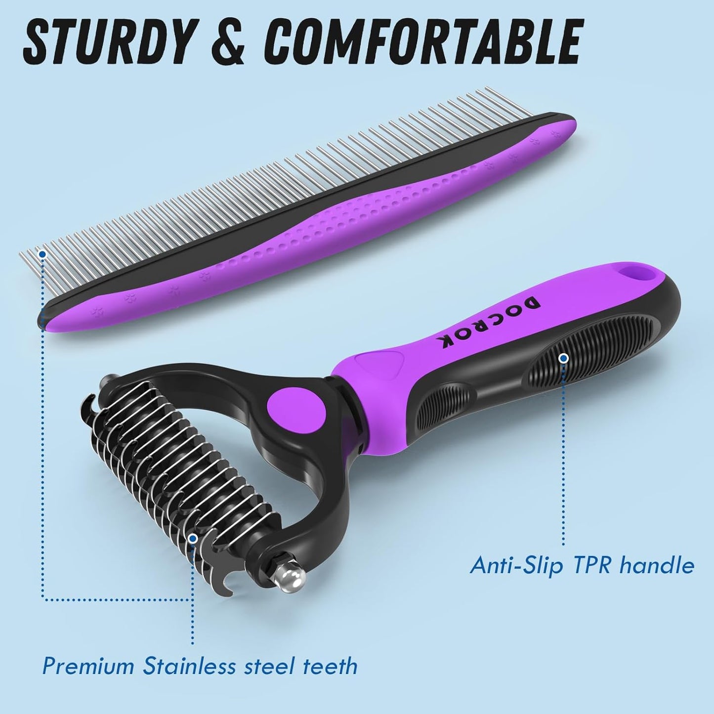 Pet Grooming Combo – Purple Deshedding Brush & Metal Comb for Long & Medium Hair