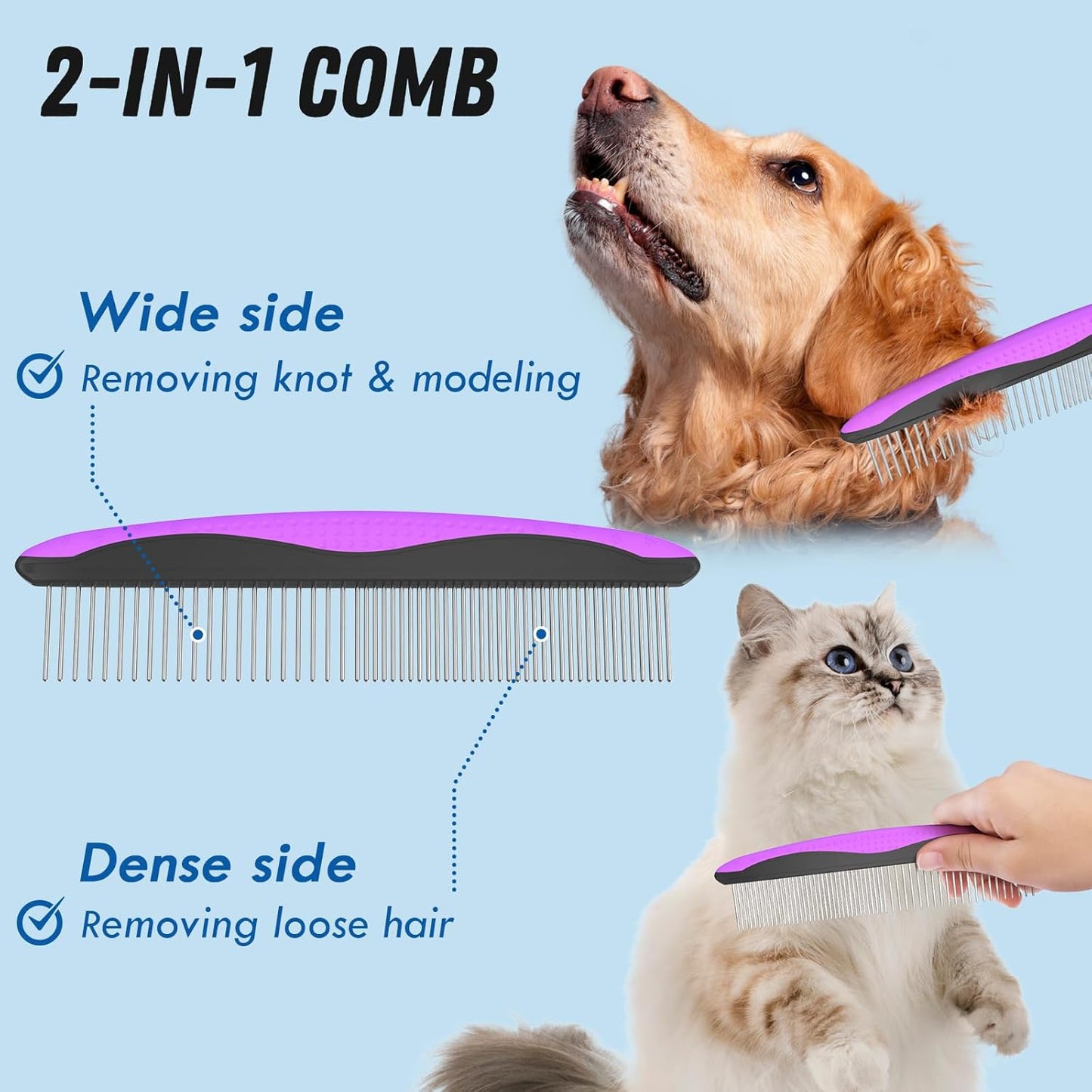 Pet Grooming Combo – Purple Deshedding Brush & Metal Comb for Long & Medium Hair