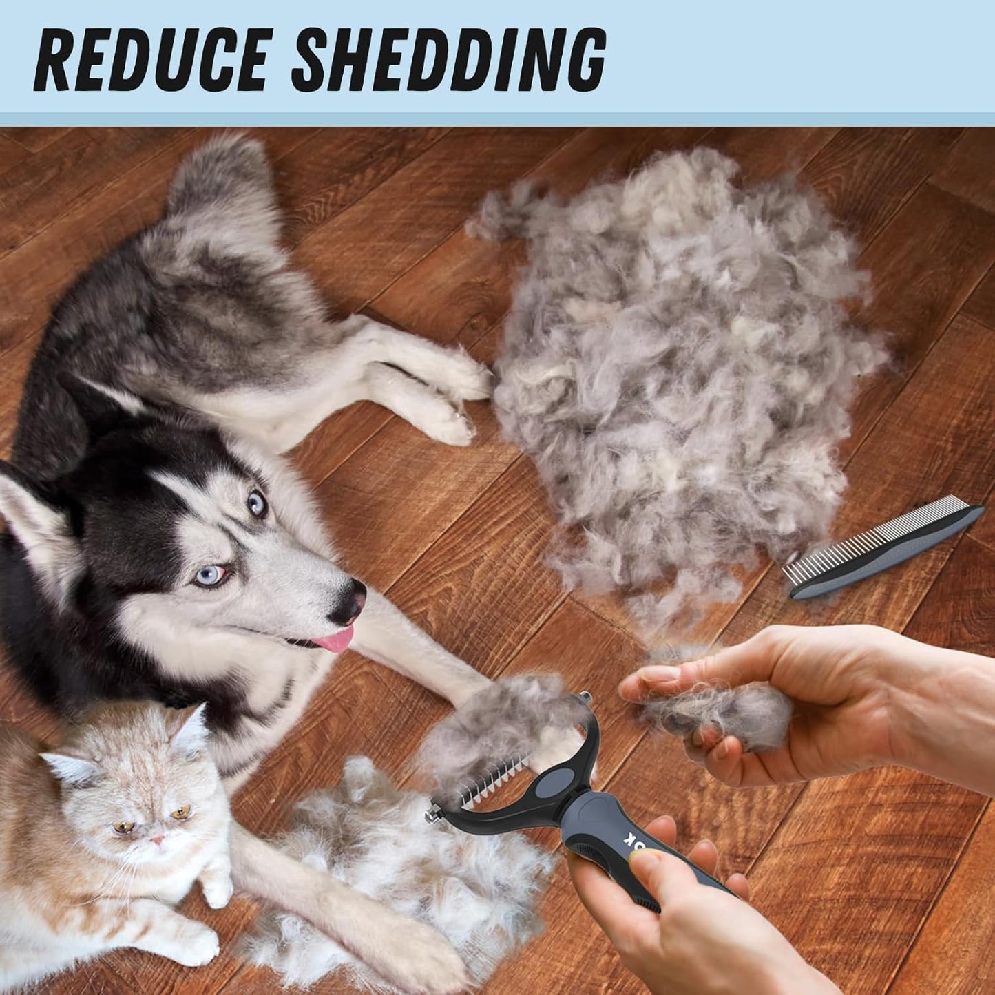 Pet Grooming Combo – Gray Deshedding Brush & Metal Comb for Long & Medium Hair