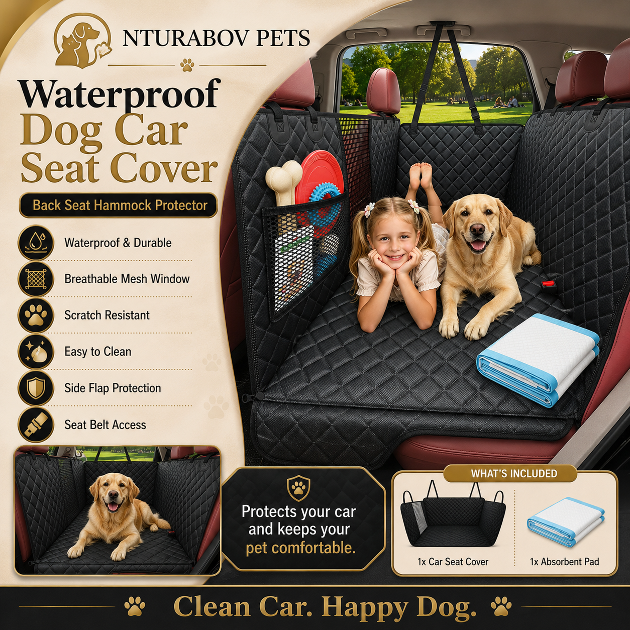 Dog Car Seat Cover for Pets - Matte Black (Size: Standard - 54" Length)