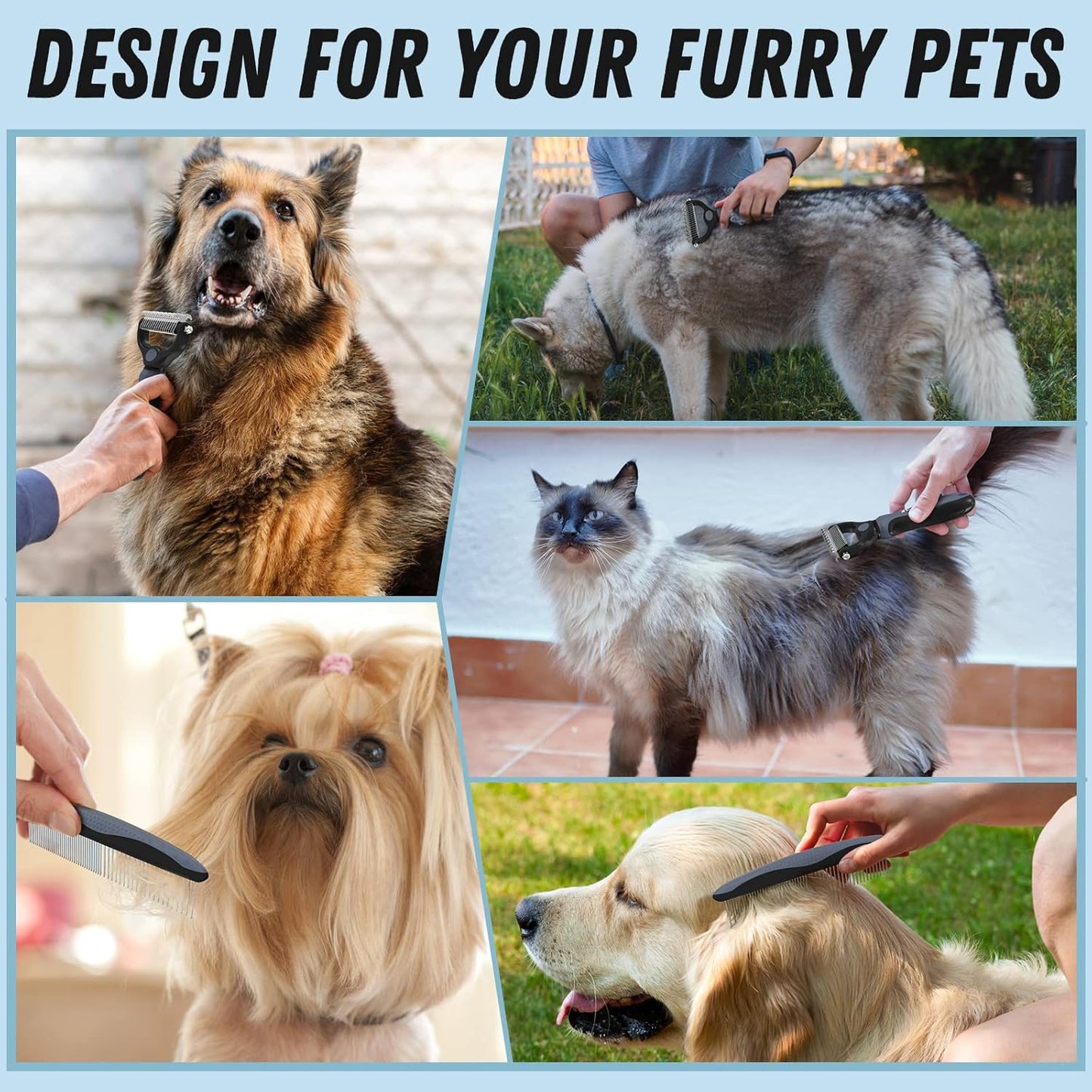 Pet Grooming Combo – Gray Deshedding Brush & Metal Comb for Long & Medium Hair
