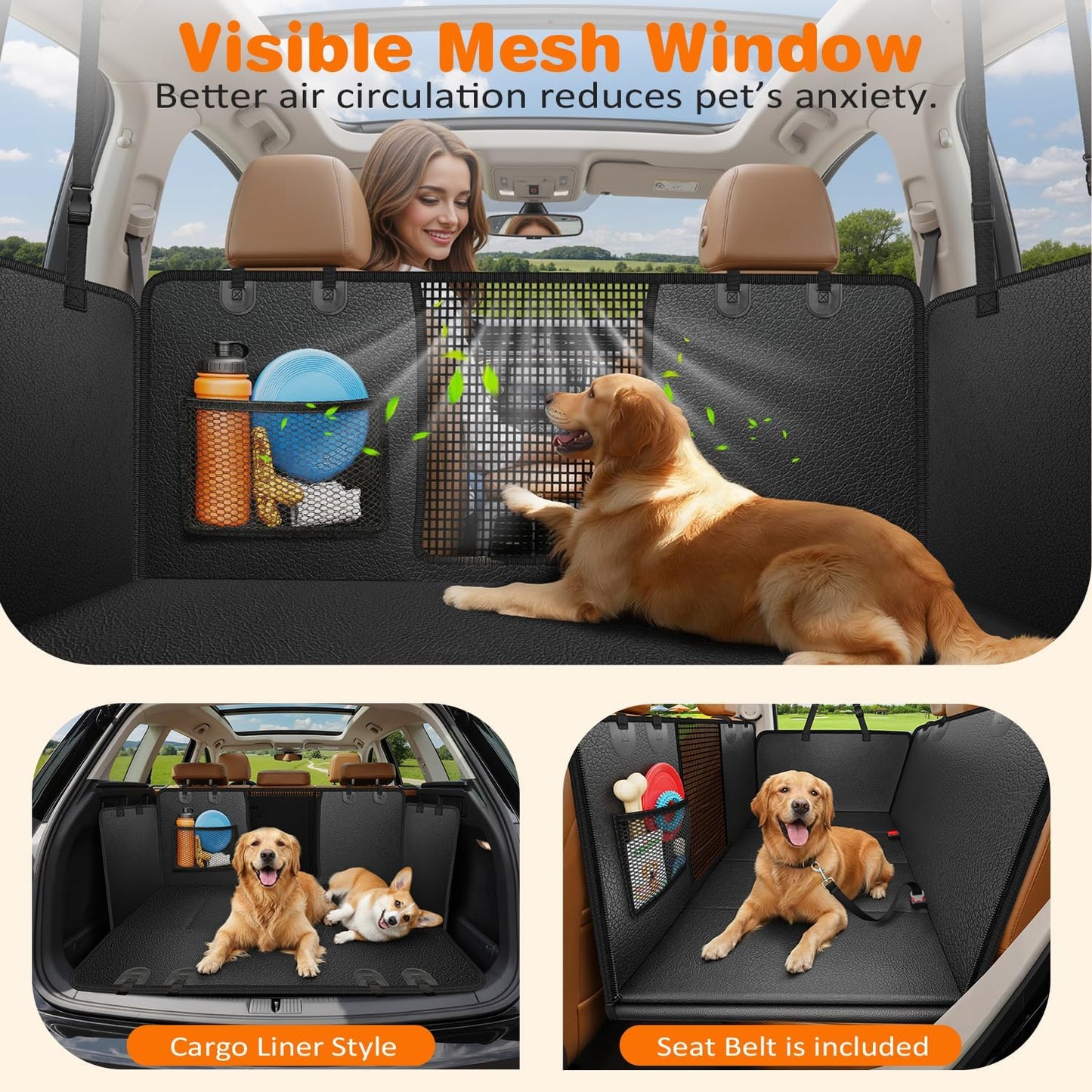 Dog Car Seat Cover for Pets - Black (Size: Standard - 54" Length)