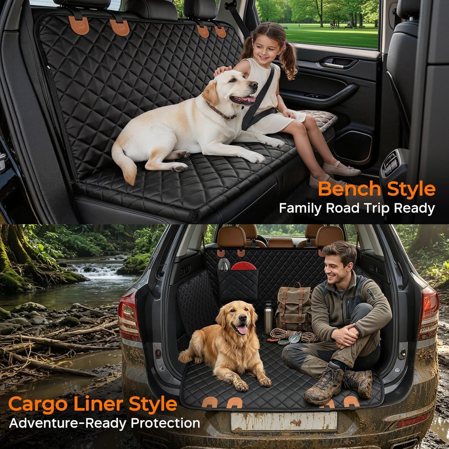 Dog Car Seat Cover for Pets - Black with Orange (Size: Standard - 54" Length)