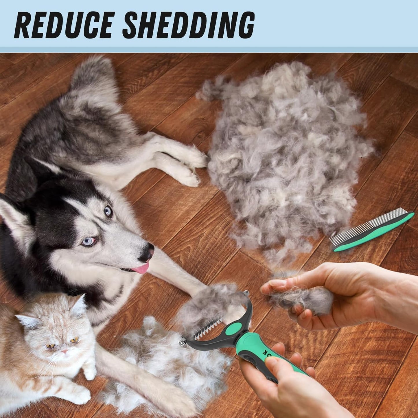 Pet Grooming Combo – Green Deshedding Brush & Metal Comb for Long & Medium Hair