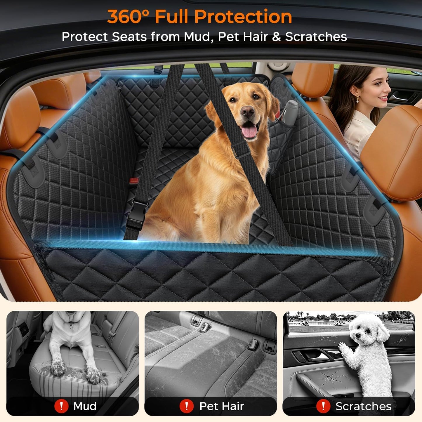 Dog Car Seat Cover for Pets -All Black (Size: Standard - 54" Length)