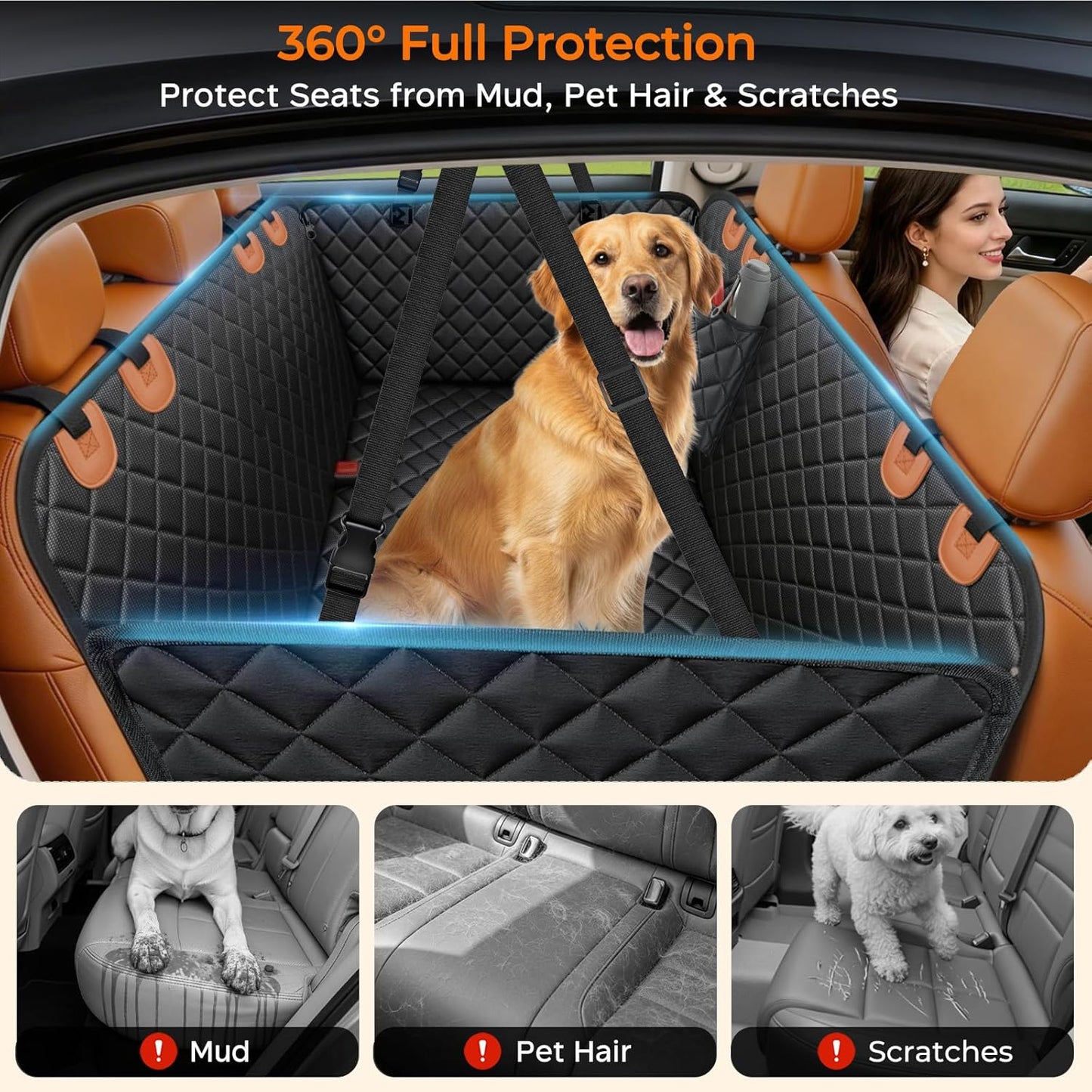 Dog Car Seat Cover for Pets - Black with Orange (Size: Standard - 54" Length)