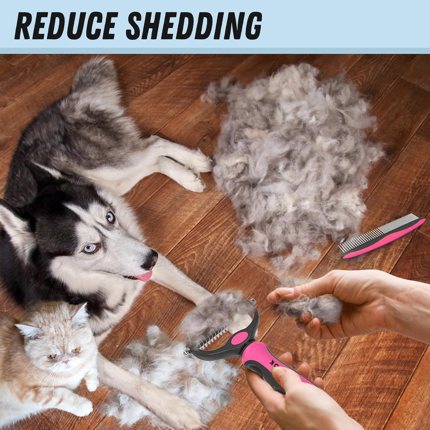 Pet Grooming Combo – Pink Deshedding Brush & Metal Comb for Long & Medium Hair