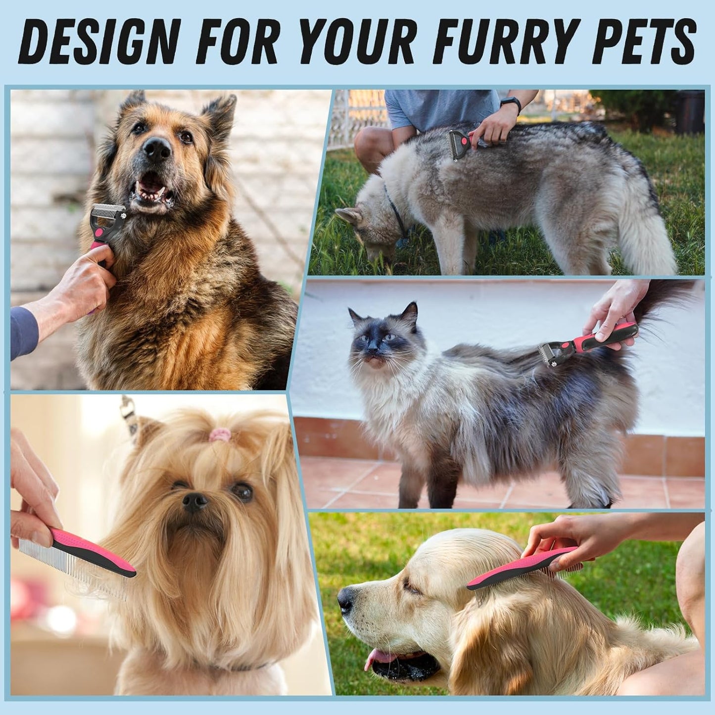 Pet Grooming Combo – Pink Deshedding Brush & Metal Comb for Long & Medium Hair