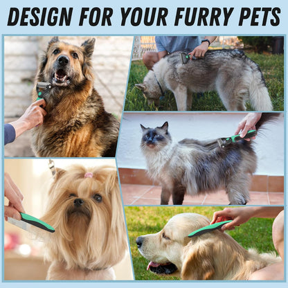 Pet Grooming Combo – Green Deshedding Brush & Metal Comb for Long & Medium Hair
