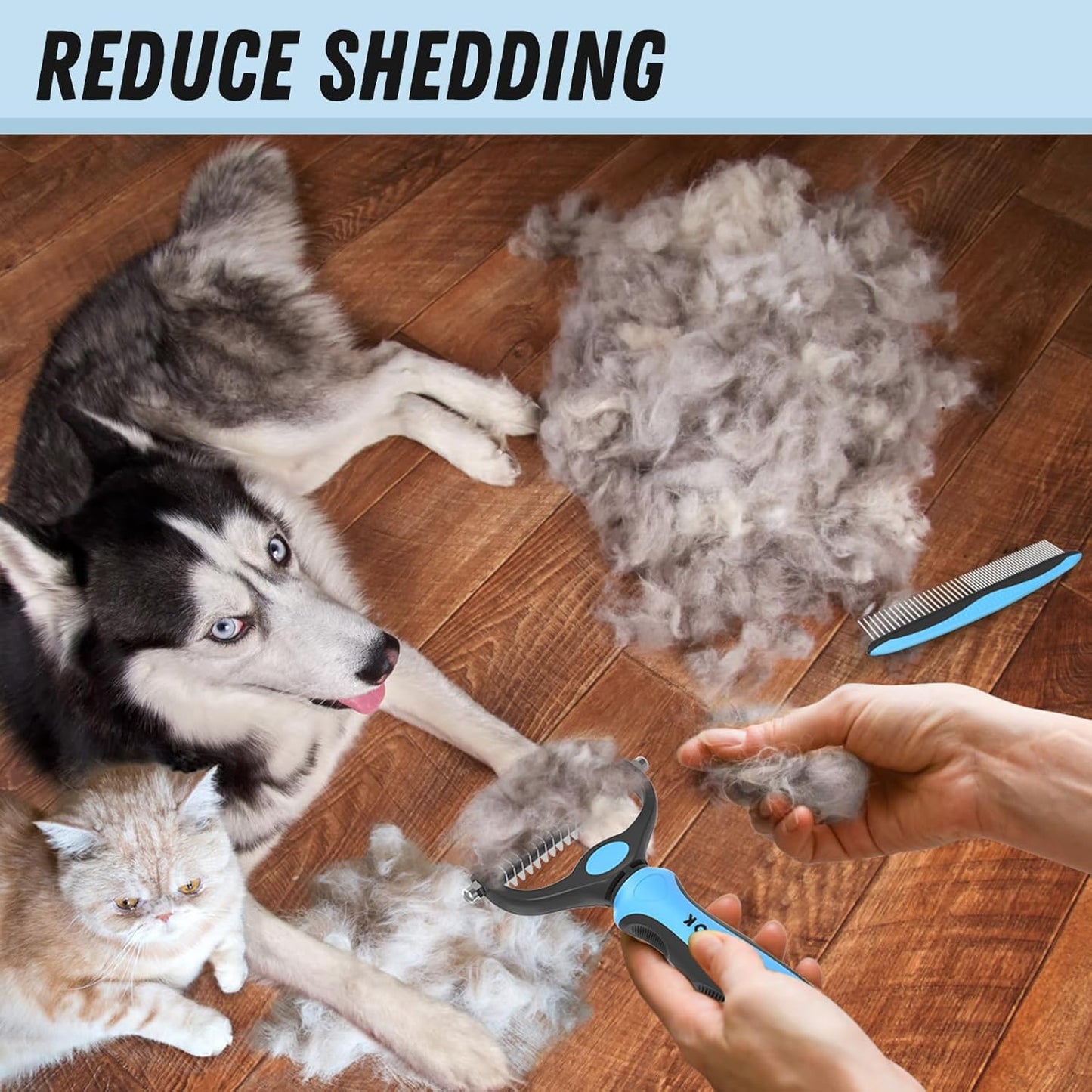 Pet Grooming Combo – Blue Deshedding Brush & Metal Comb for Long & Medium Hair