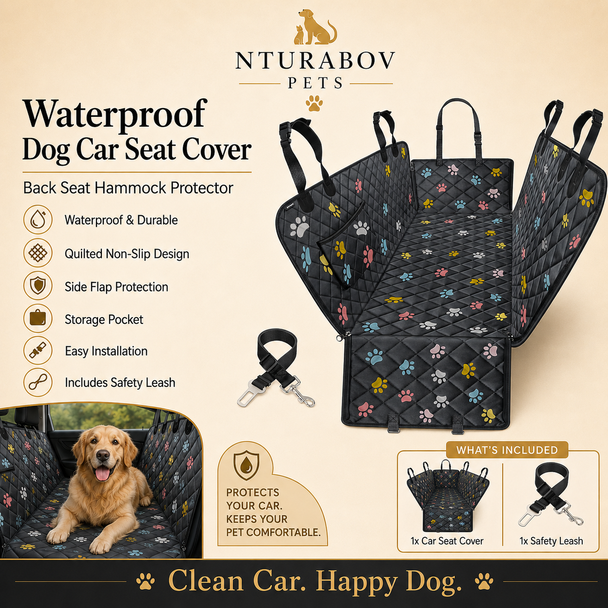 Dog Car Seat Cover for Pets -Colorful (Size: Standard - 54" Length)