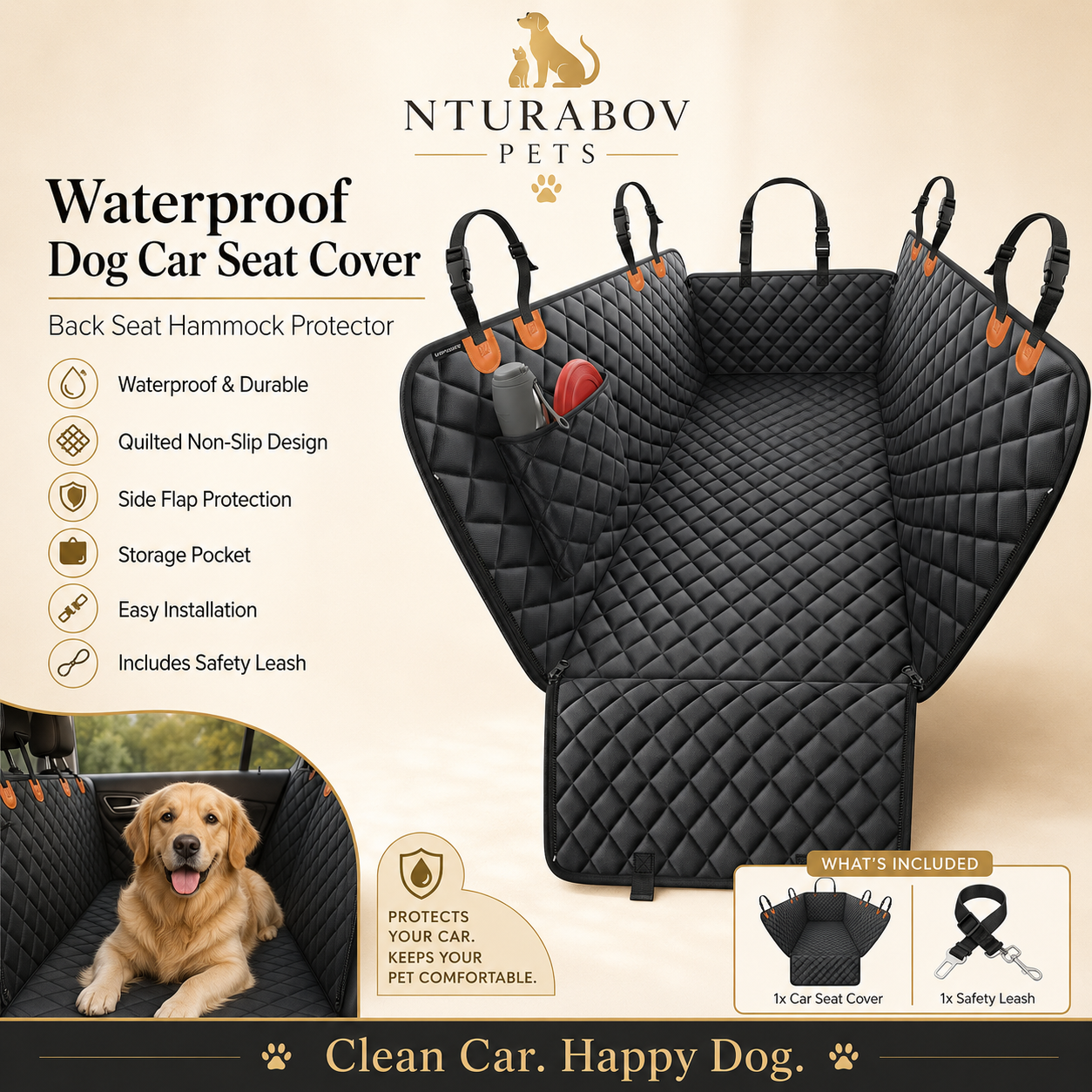 Dog Car Seat Cover for Pets - Black with Orange (Size: Standard - 54" Length)