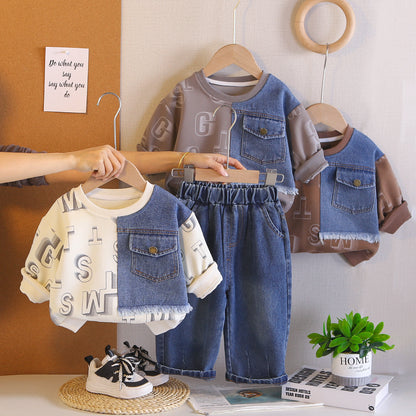Spring and Autumn Round Neck Hoodie Two Piece Set for Baby Leisure