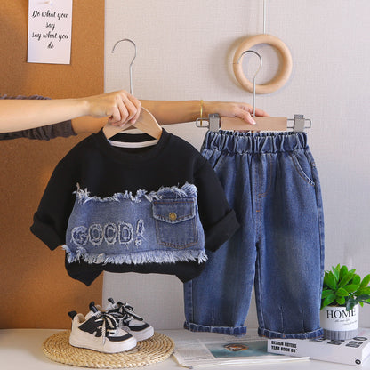 Splicing denim letter hoodie spring long sleeved two-piece set