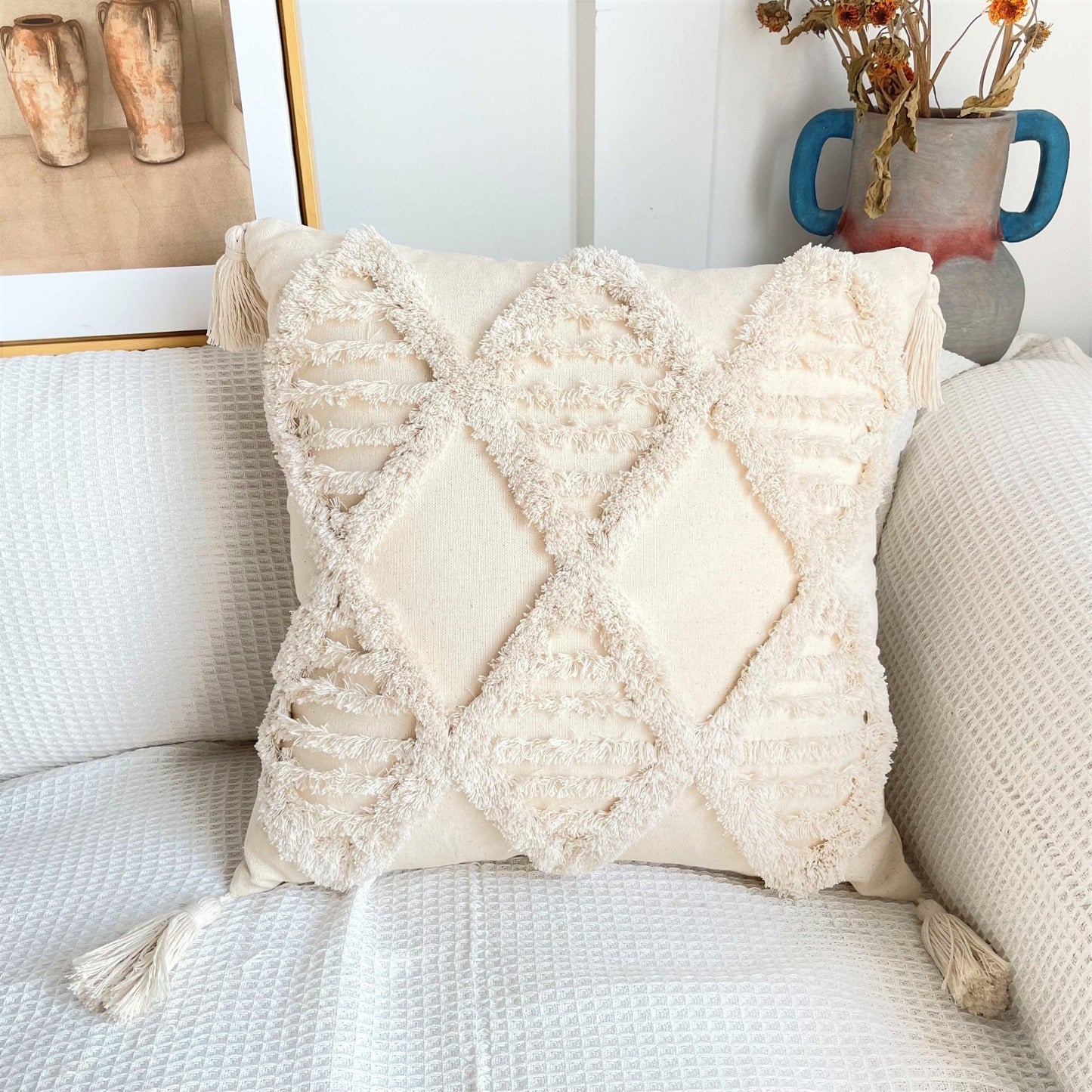Boho Cotton Cushion Cover with Tassels | Tufted Design - 45x45cm Home Decoration