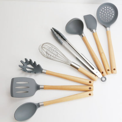 Silicone Kitchen Utensils Set with Wooden Handle