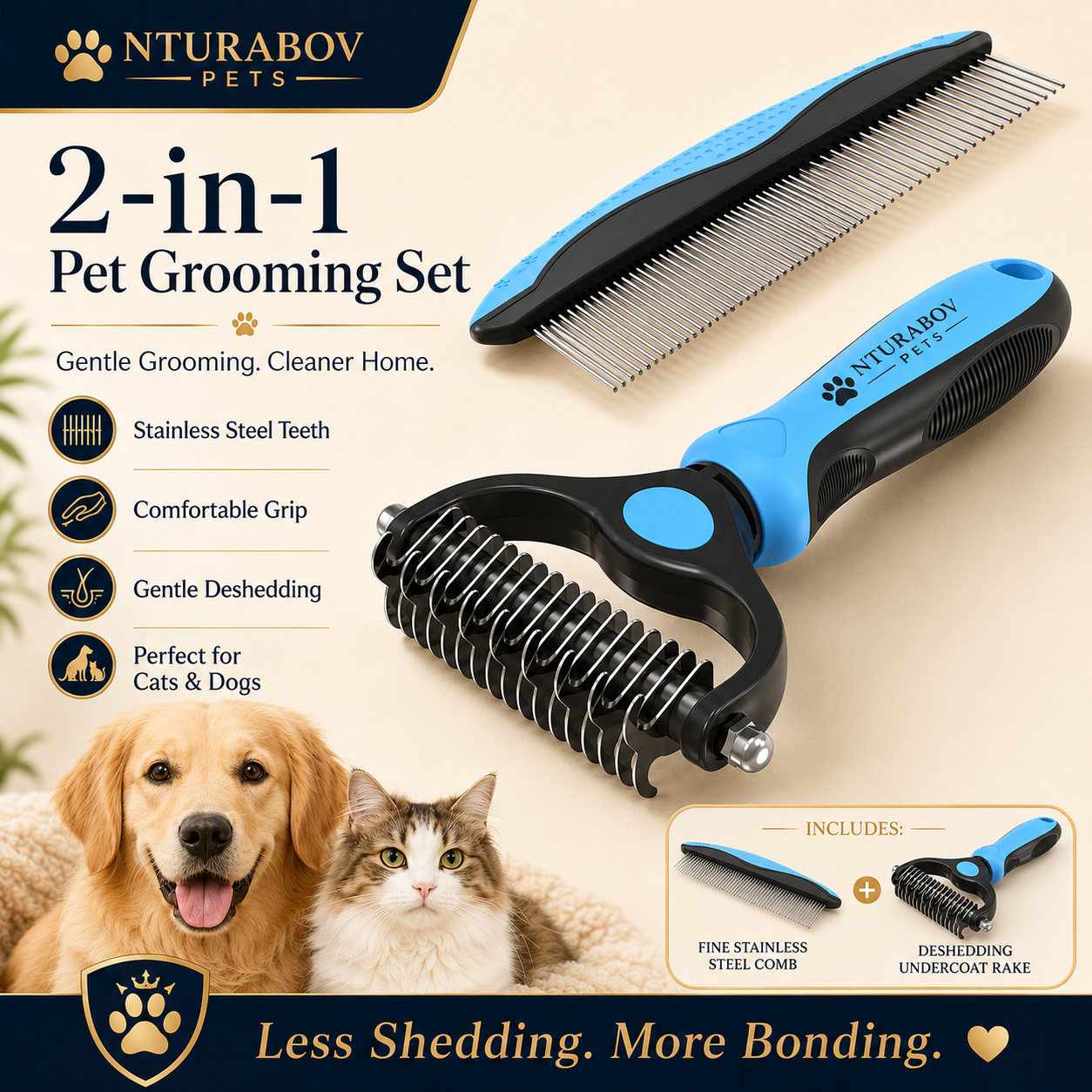 Pet Grooming Combo – Blue Deshedding Brush & Metal Comb for Long & Medium Hair