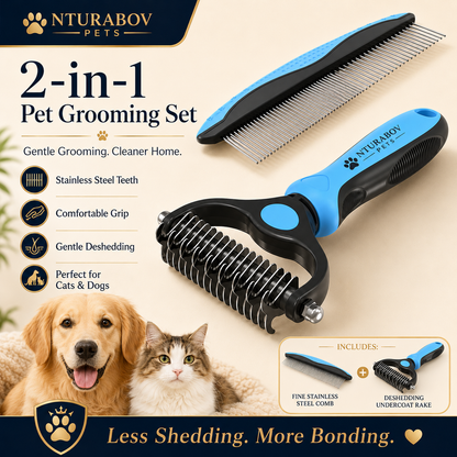 Pet Grooming Combo – Blue Deshedding Brush & Metal Comb for Long & Medium Hair