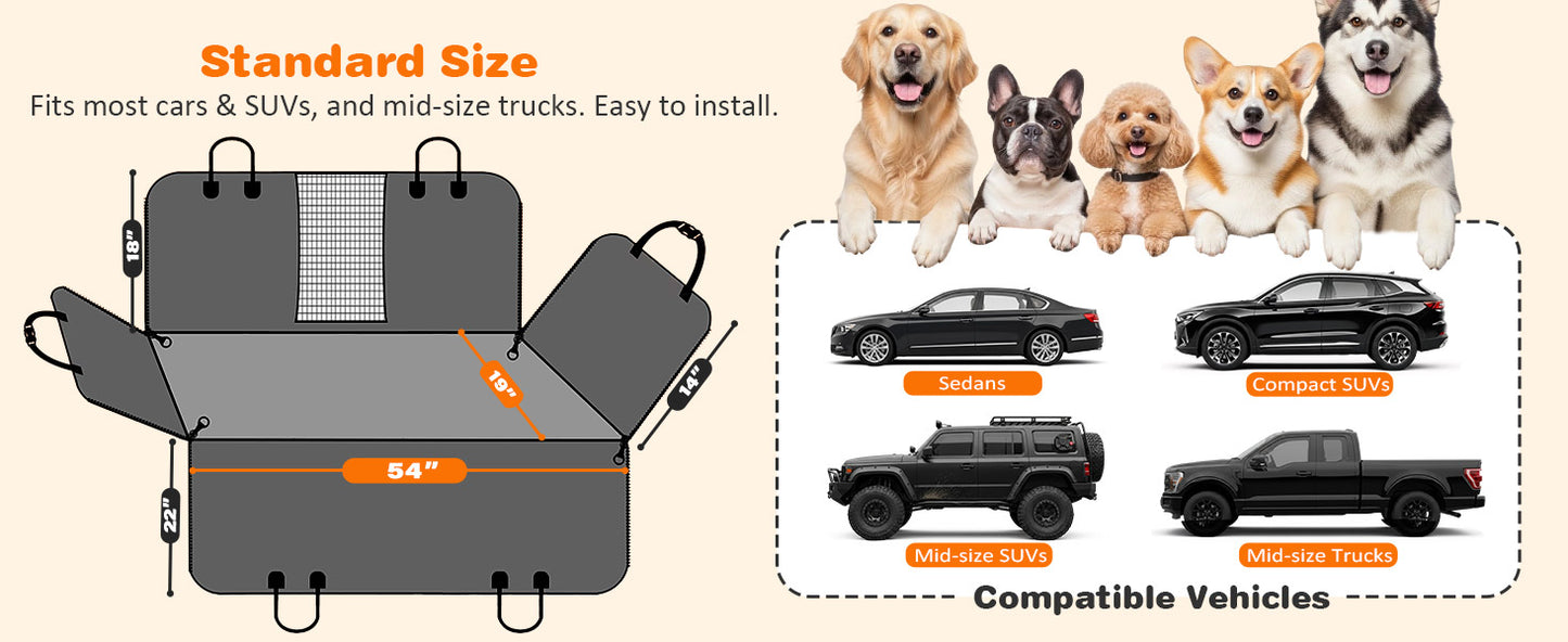 Dog Car Seat Cover for Pets - Jet Black (Size: Standard - 54" Length)