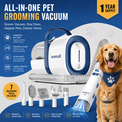Pet Grooming Vacuum with Clipper & Nail Grinder – Blue