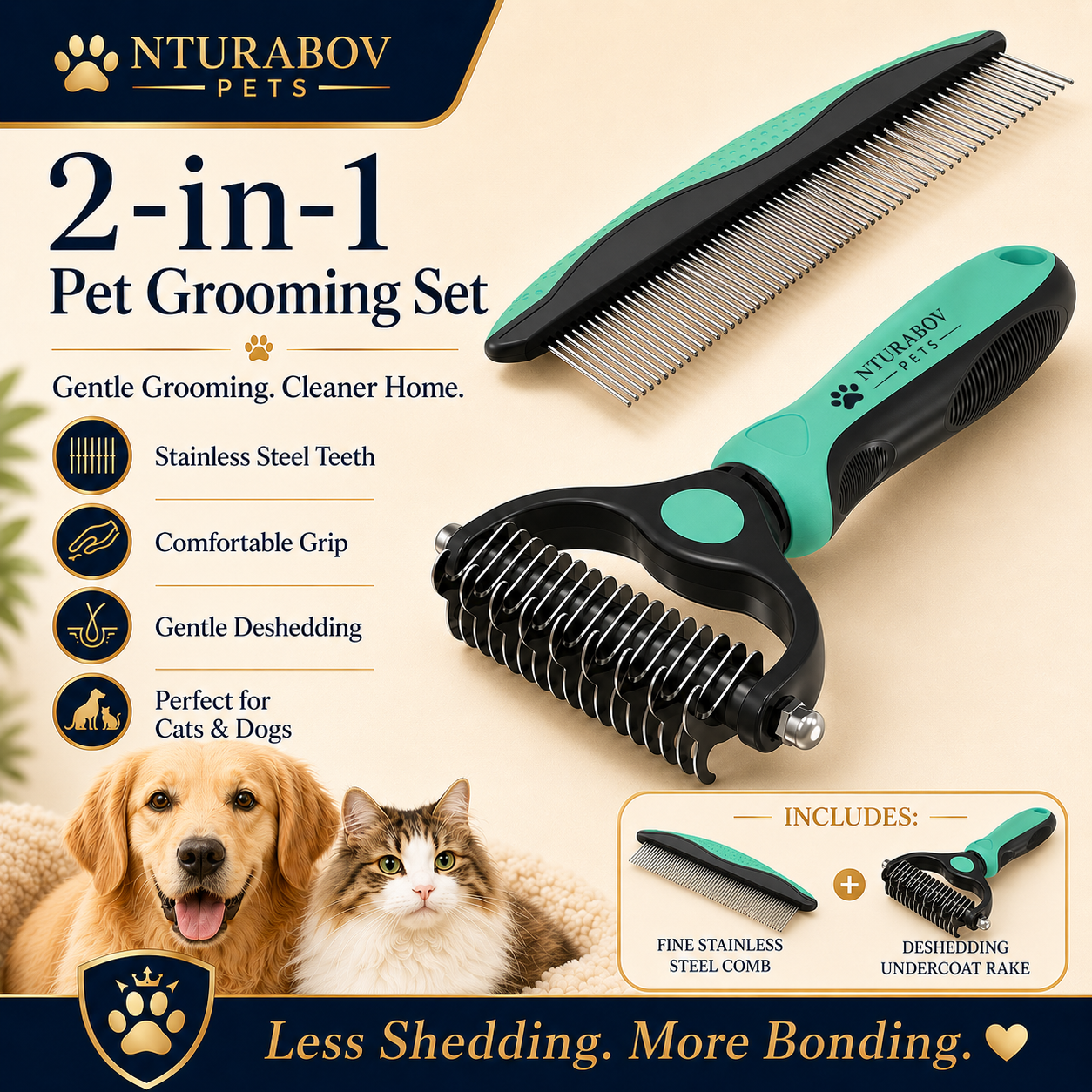 Pet Grooming Combo – Green Deshedding Brush & Metal Comb for Long & Medium Hair
