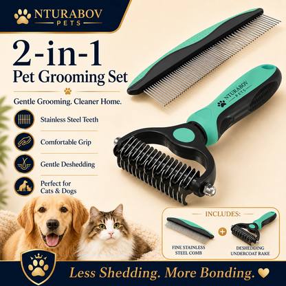 Pet Grooming Combo – Green Deshedding Brush & Metal Comb for Long & Medium Hair