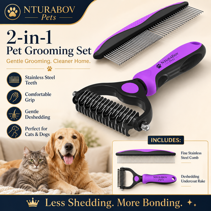 Pet Grooming Combo – Purple Deshedding Brush & Metal Comb for Long & Medium Hair